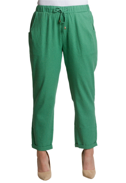 Pantaloni verzi din in cu buzunare și legături, mărimi mari