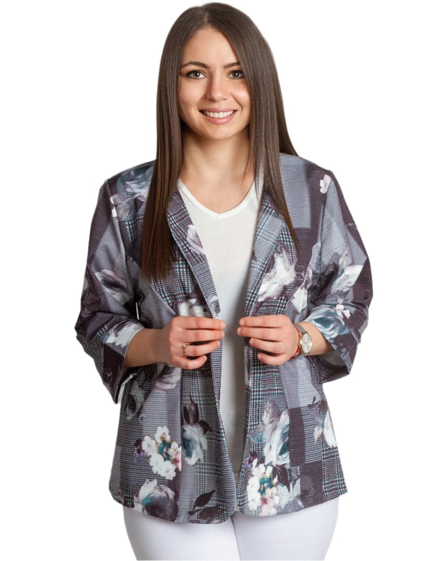 Sacou Maxi Elegant cu Motive Florale și Textură în Carouri