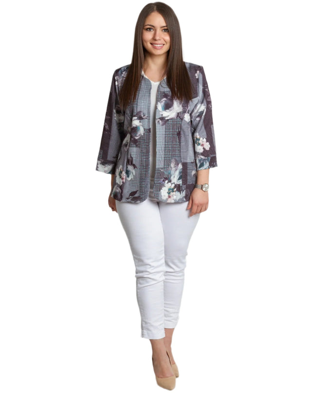 Sacou Maxi Elegant cu Motive Florale și Textură în Carouri