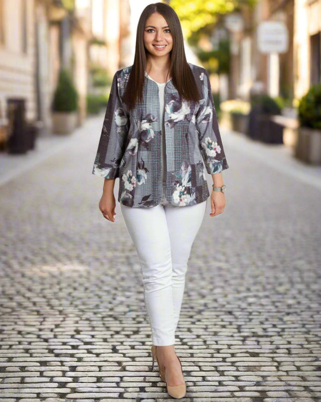 Sacou Maxi Elegant cu Motive Florale și Textură în Carouri
