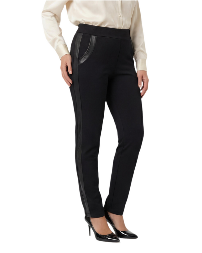 Pantaloni negri office cu bandă laterală din piele ecologică, mărimi mari