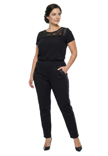 Pantaloni negri office cu bandă laterală din piele ecologică, mărimi mari