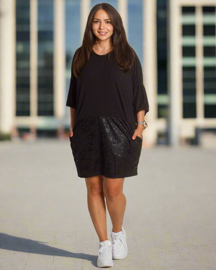 2XL,3XL,4XL,5XL Дълга черна туника тип рокля с джобове - Maxi Market