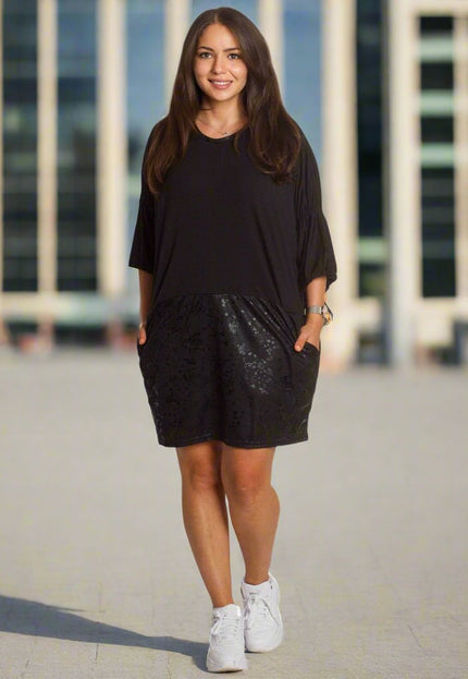 2XL,3XL,4XL,5XL Дълга черна туника тип рокля с джобове - Maxi Market