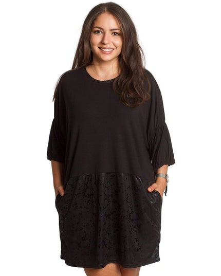2XL,3XL,4XL,5XL Дълга черна туника тип рокля с джобове - Maxi Market