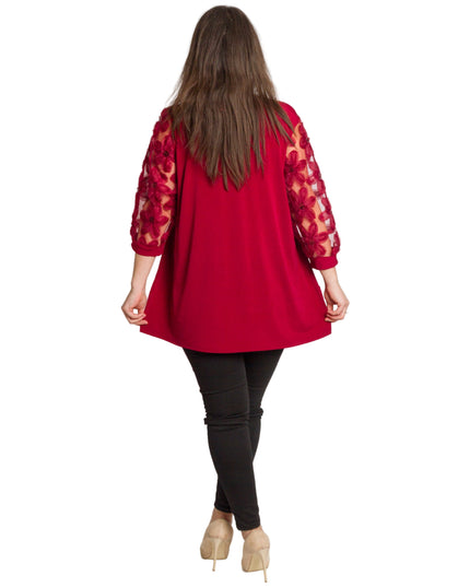 Официална бордо туника с права кройка и ефектни дантелени ръкави