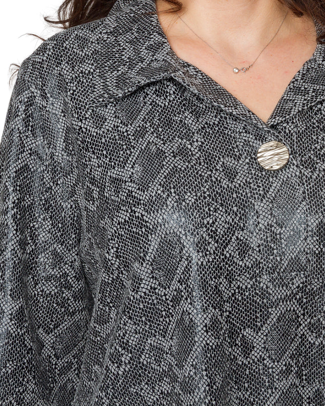 Tunică maxi formală cu un decolteu spectaculos și șifon cu imprimeu alb-negru