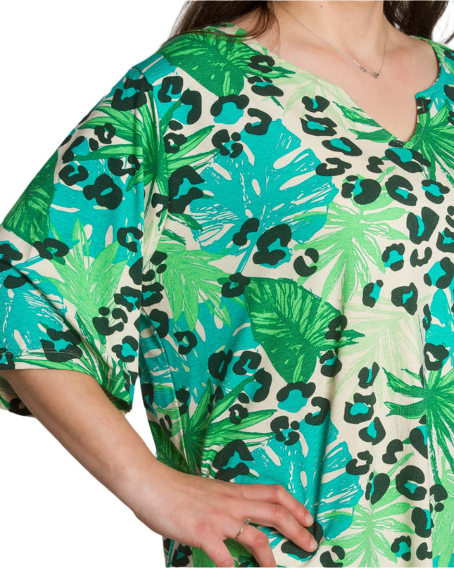 Tunică verde cu imprimeu floral și mâneci 3/4 în mărimi maxi