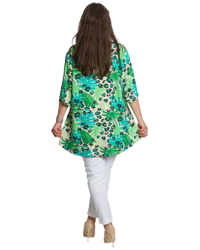 Tunică verde cu imprimeu floral și mâneci 3/4 în mărimi maxi