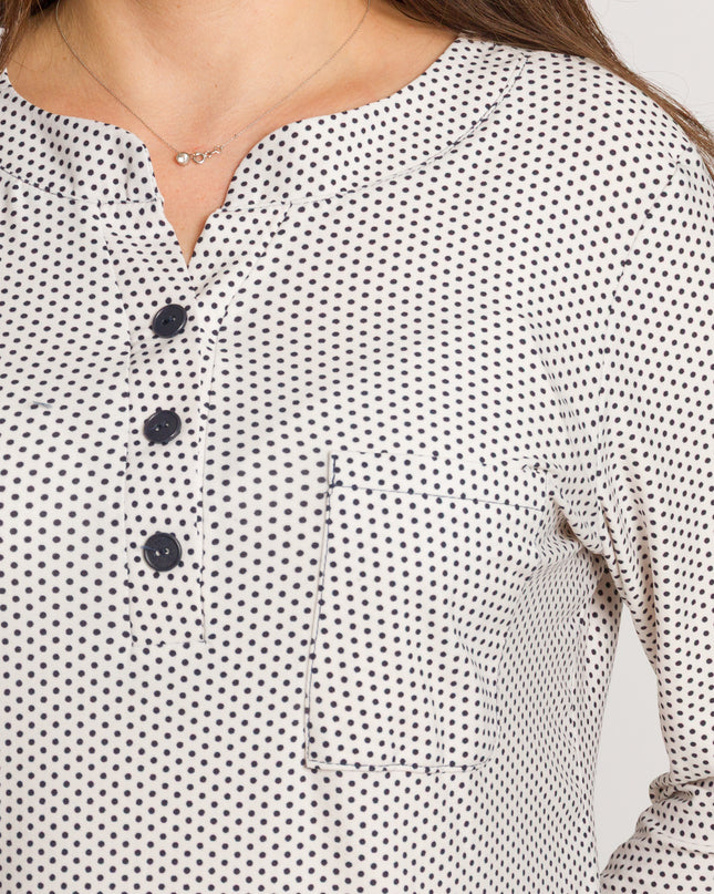 Cămașă albă de damă cu buline negre și nasturi decorativi