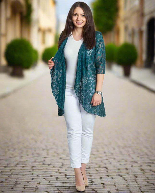 Blazer maxi din dantelă, verde oliv, elegant