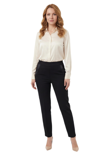 Pantaloni negri office cu bandă laterală din piele ecologică, mărimi mari