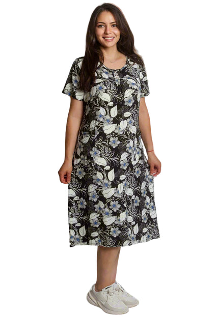 Rochie dreaptă cu buzunare și model floral, neagră
