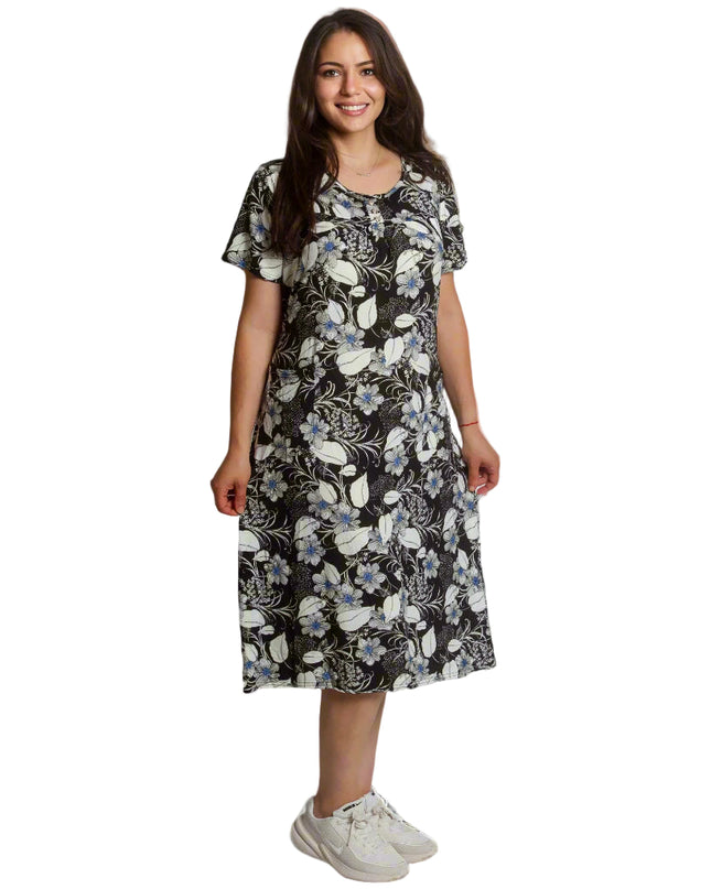 Rochie dreaptă cu buzunare și model floral, neagră