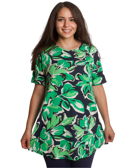 Set maxi format din tunică verde cu imprimeu floral și colanți bleumarin - 5XL, 6XL