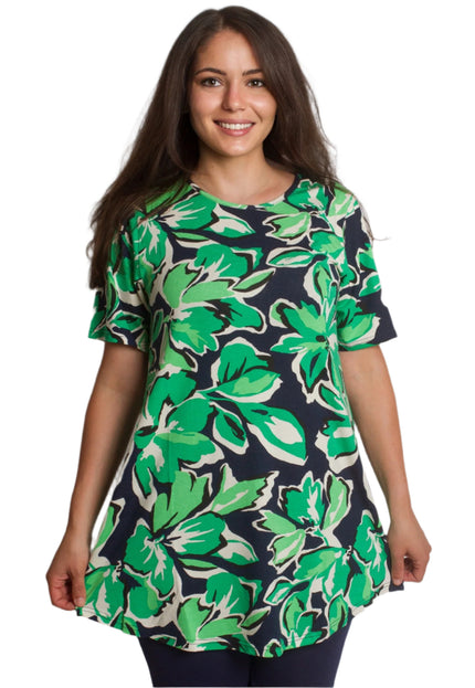 5XL, 6XL Set maxi din tunică florală verde și colanți bleumarin