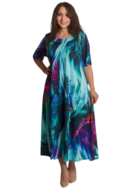 Rochie maxi multicoloră cu model abstract și decolteu rotund