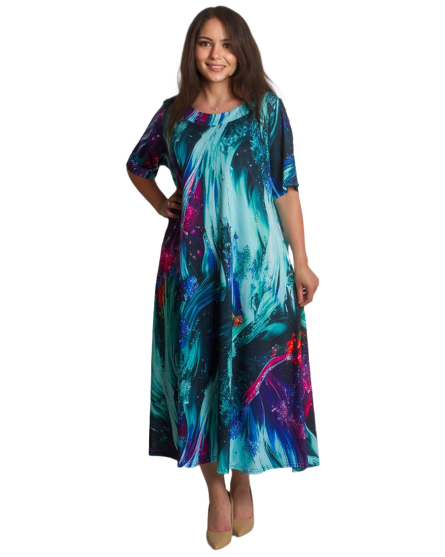 Rochie maxi multicoloră cu model abstract și decolteu rotund
