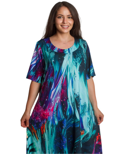Rochie maxi multicoloră cu model abstract și decolteu rotund
