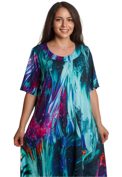 Rochie maxi multicoloră cu model abstract și decolteu rotund