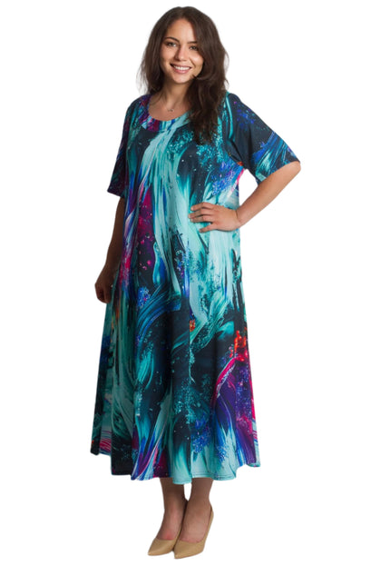 Rochie maxi multicoloră cu model abstract și decolteu rotund