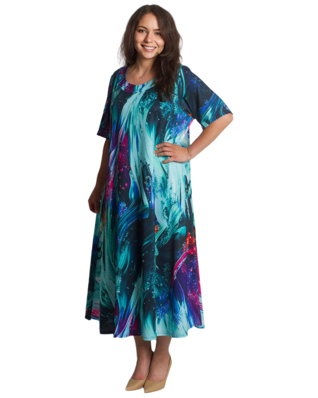 Rochie maxi multicoloră cu model abstract și decolteu rotund