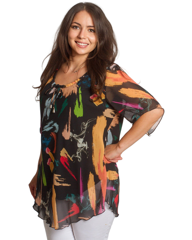 Tunică neagră din șifon, mărimi mari, cu model abstract