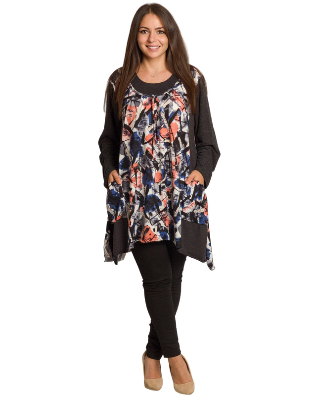 Tunică colorată, decupată, cu buzunare, în mărimi mari