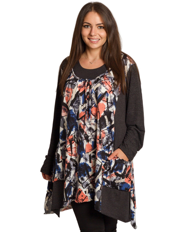 Tunică colorată, decupată, cu buzunare, în mărimi mari