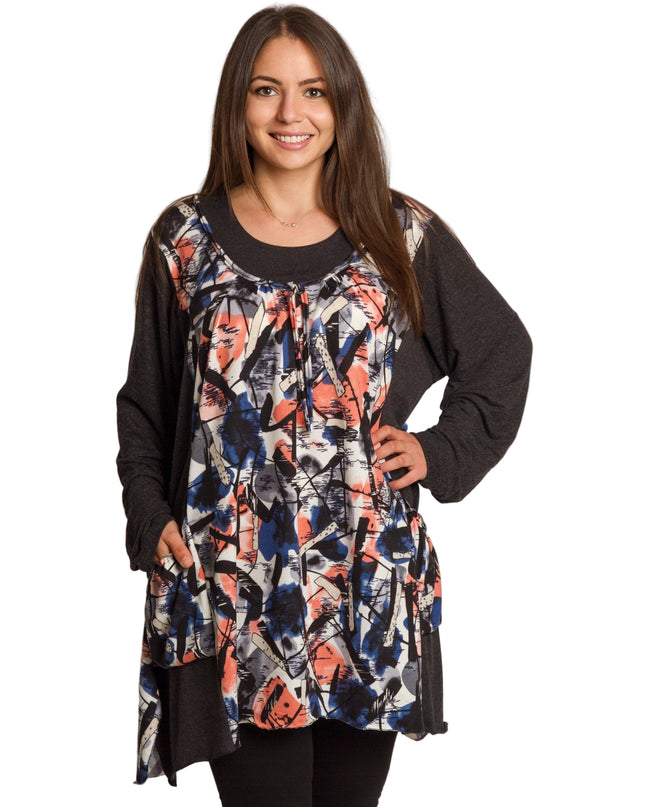 Tunică colorată, decupată, cu buzunare, în mărimi mari