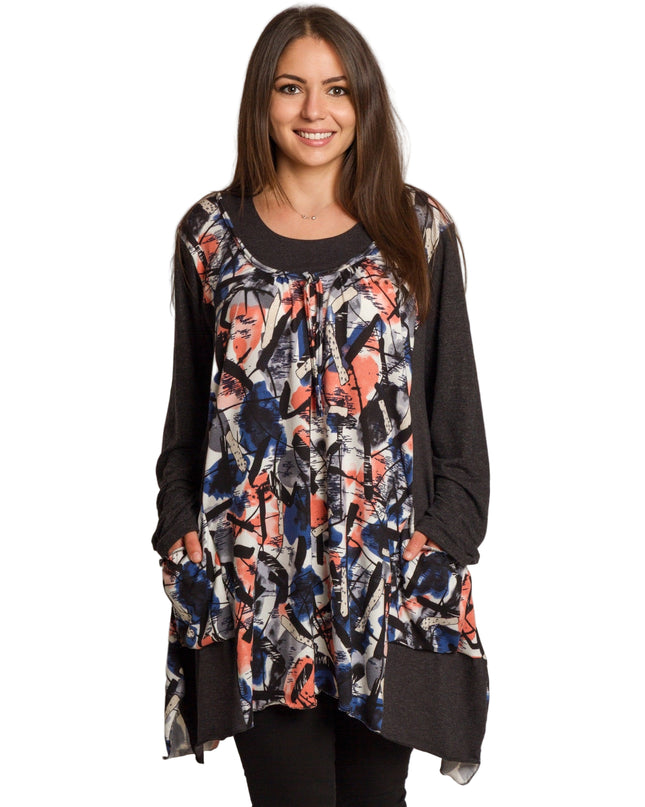 Tunică colorată, decupată, cu buzunare, în mărimi mari