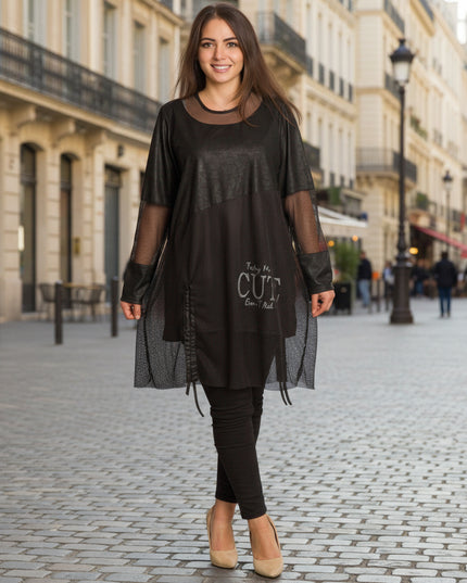 Tunică lejeră în mărimi mari cu accente din piele