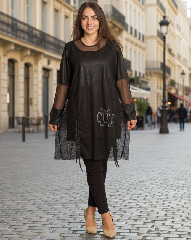 Tunică lejeră în mărimi mari cu accente din piele