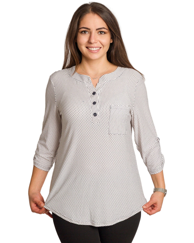 Cămașă albă de damă cu buline negre și nasturi decorativi