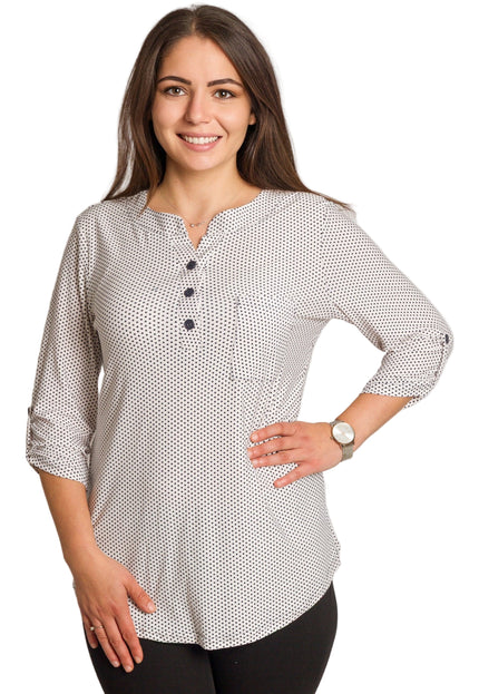 Cămașă albă de damă cu buline negre și nasturi decorativi