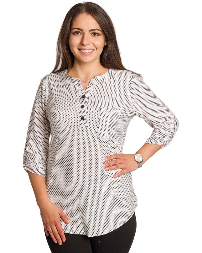 Cămașă albă de damă cu buline negre și nasturi decorativi