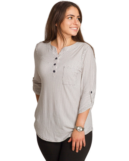 Cămașă albă de damă cu buline negre și nasturi decorativi