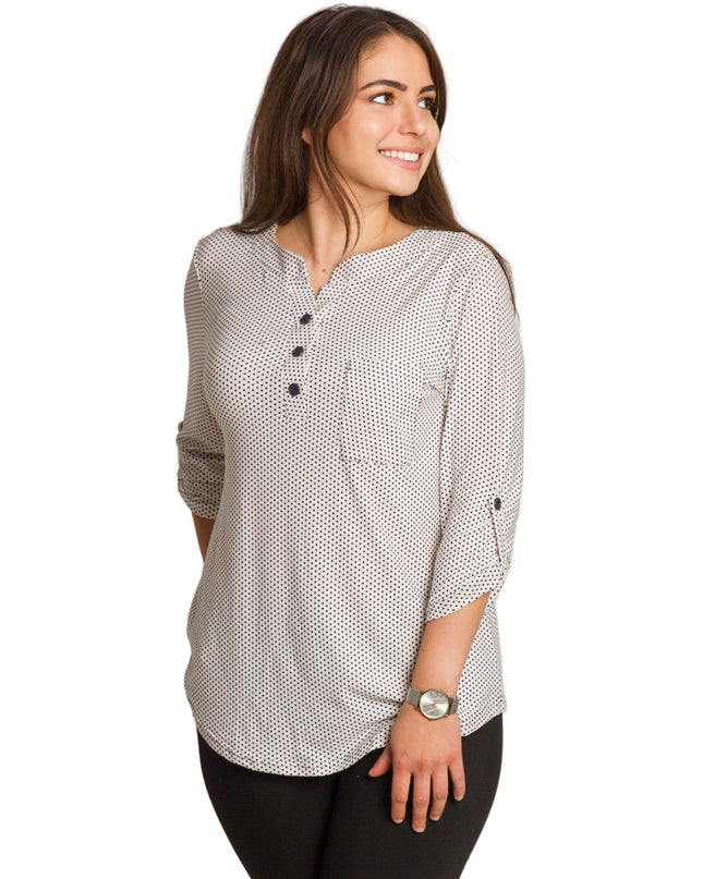 Cămașă albă de damă cu buline negre și nasturi decorativi