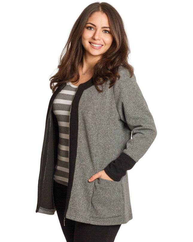 Jachetă de damă cenușie trandafiri cu fermoar și buzunare