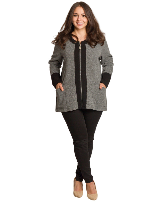 Jachetă de damă cenușie trandafiri cu fermoar și buzunare