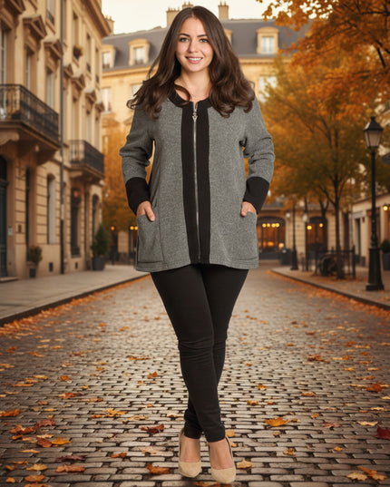 Jachetă de damă cenușie trandafiri cu fermoar și buzunare