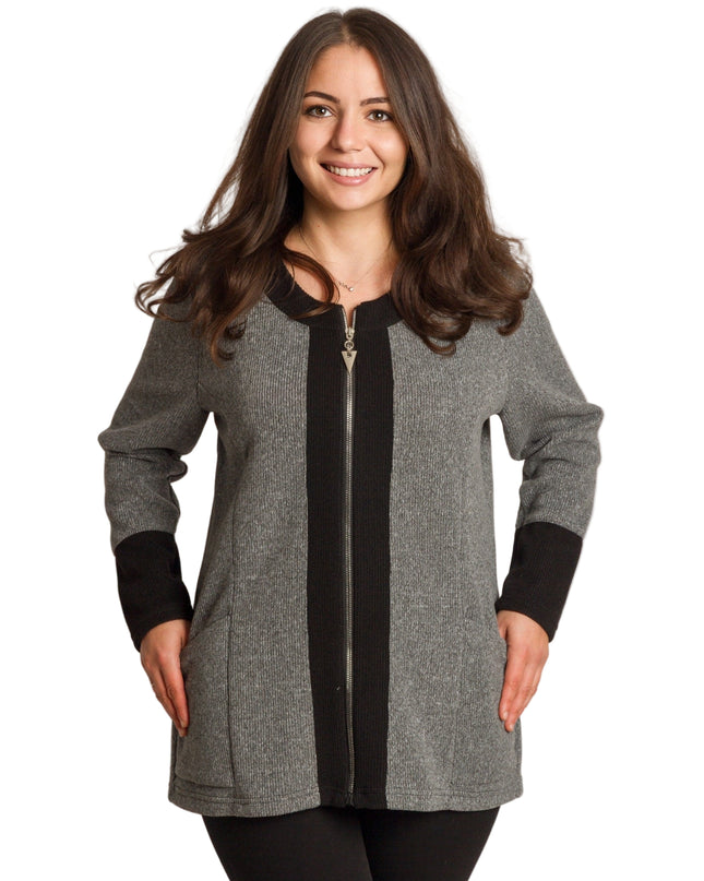 Jachetă de damă cenușie trandafiri cu fermoar și buzunare