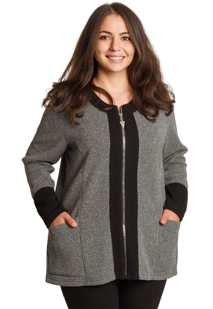 Jachetă de damă cenușie trandafiri cu fermoar și buzunare