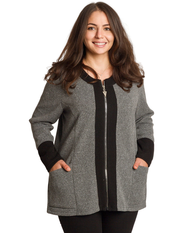 Jachetă de damă cenușie trandafiri cu fermoar și buzunare