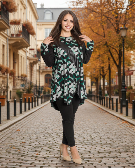 Tunică lejeră în mărimi mari cu accente din piele