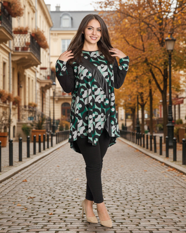 Tunică lejeră în mărimi mari cu accente din piele