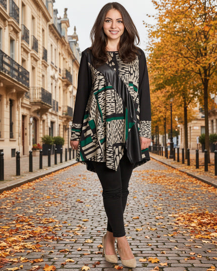 Tunică lejeră în mărimi mari cu accente din piele