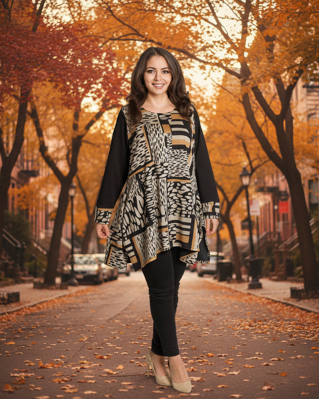 Tunică lejeră în mărimi mari cu accente din piele