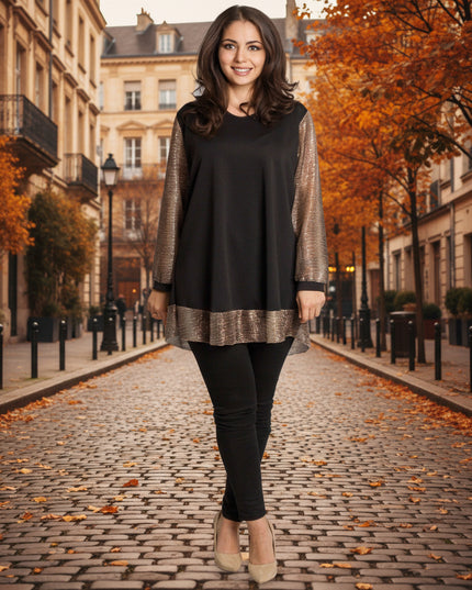 Tunică lejeră în mărimi mari cu accente din piele