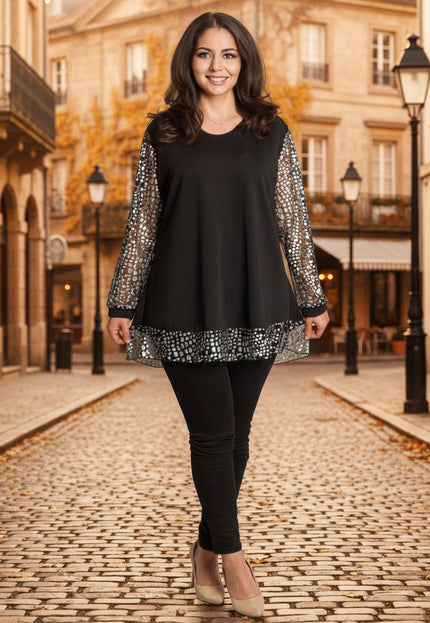 Tunică lejeră în mărimi mari cu accente din piele